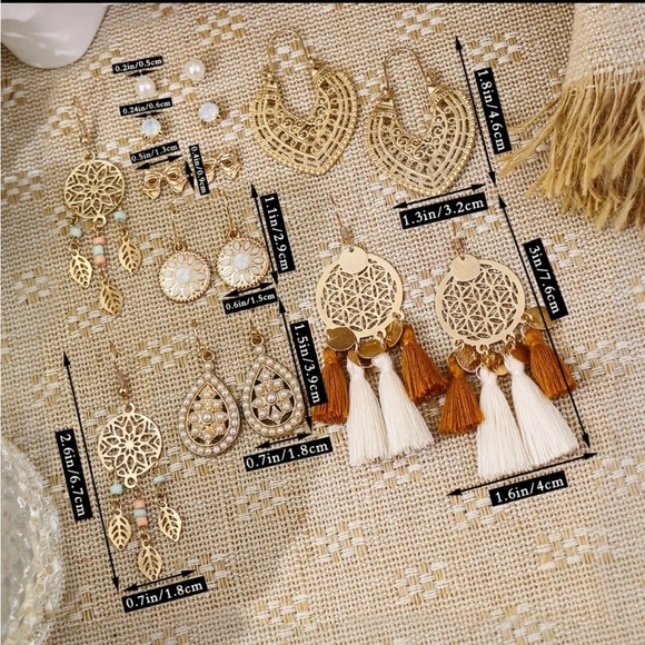 8 Pairs Boho Gold Embellished Drop Earrings Set - Picture 4 of 7